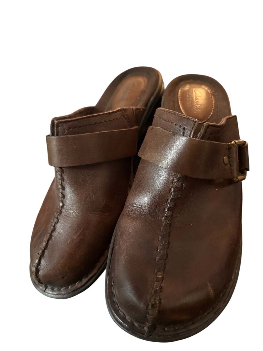 Clarks Artisan Leather Clogs, Brown Boho Stitched Mules, Comfort Wedge, 6.5 Wide